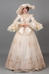 Champagne Court Style High Waisted Long Sleeves Floral Decorative Print Victorian Lolita Prom Dress